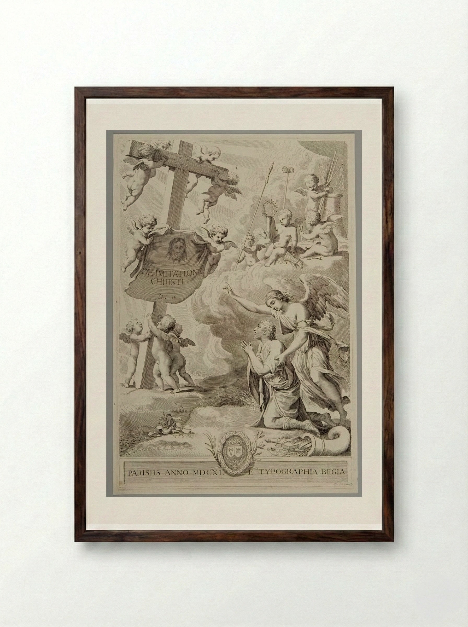 Title-page of the Imitation of Jesus Christ - Claude Mellan - Framed Print Dark Wood