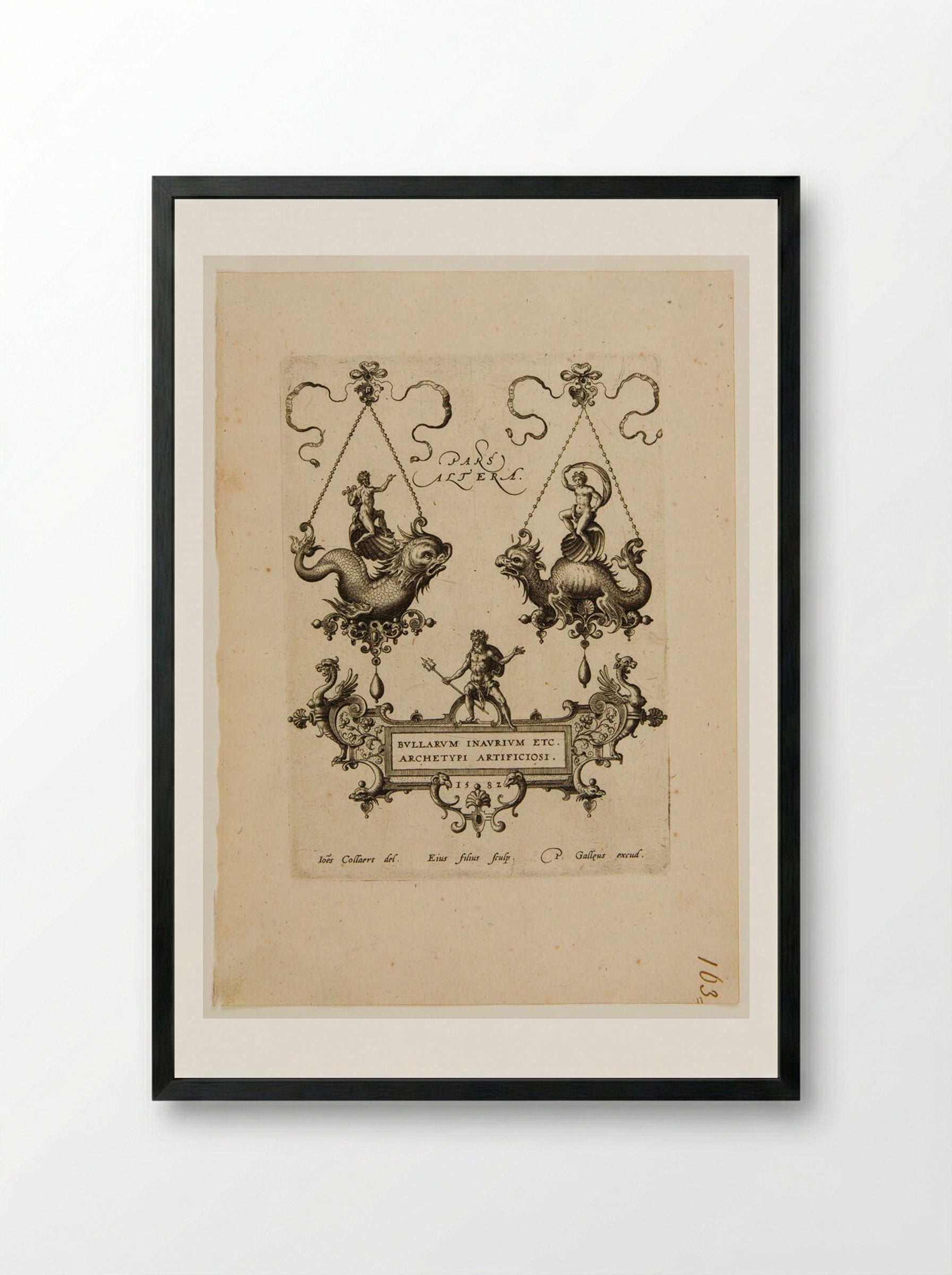 Title-page with Jeweled Pendants in the Form of Sea Monsters, with Apollo, Venus and Neptune - Adriaen Collaert - Framed Print Black