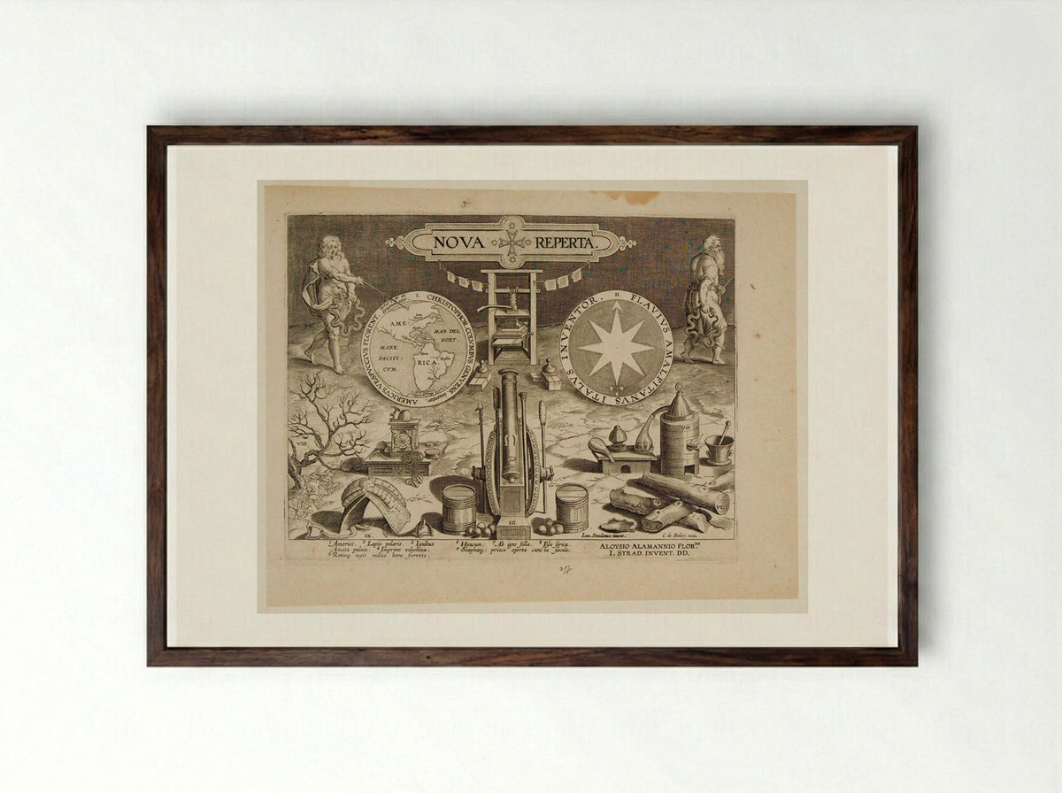 Titlepage, Nova Reperta - Theodoor Galle - Framed Print Dark Wood