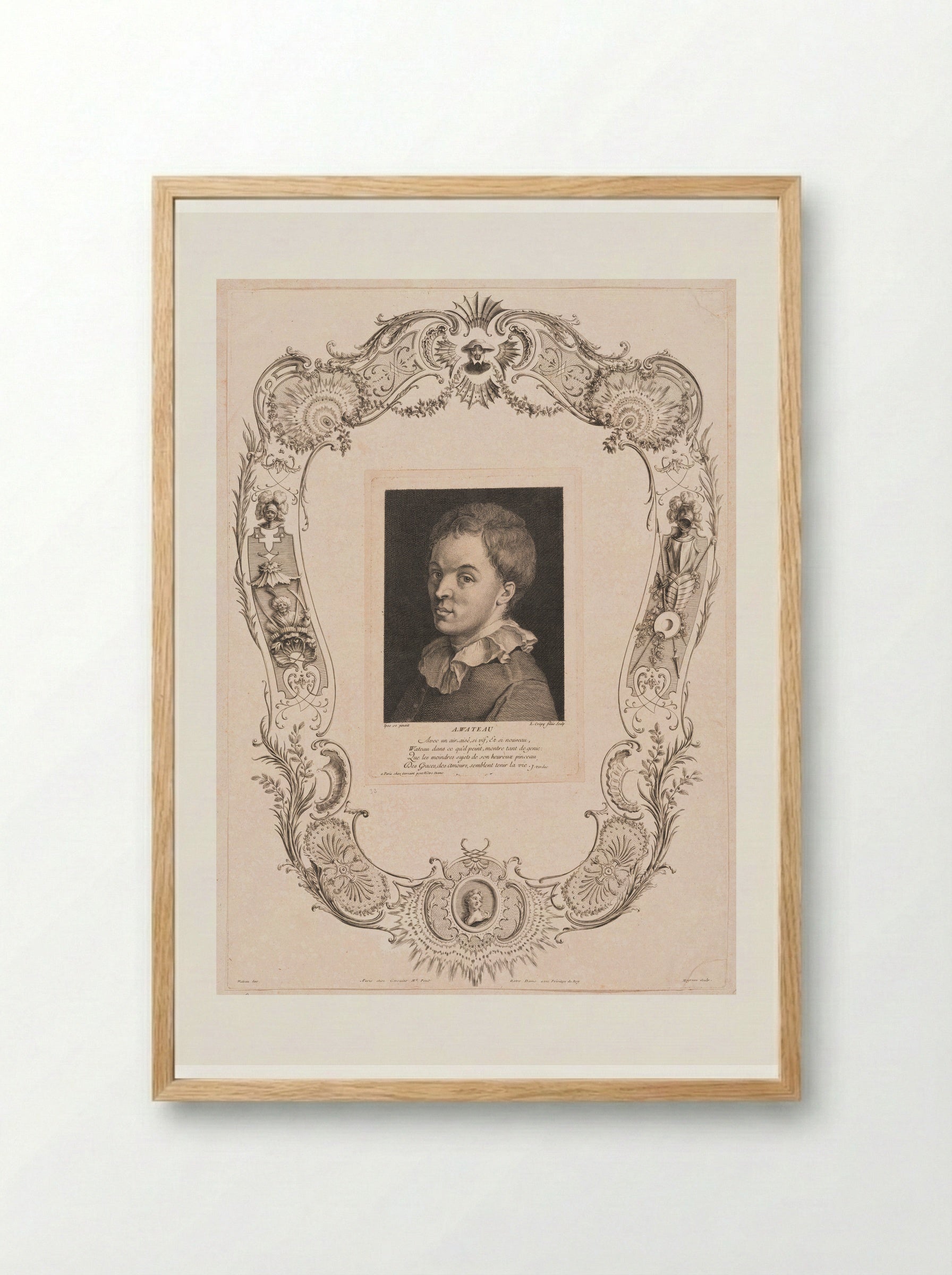 Titlepage for Engraved Works, in a Cartouche, Its Motifs Inspired by Don Quixote - Jean Moyreau - Framed Print Wood
