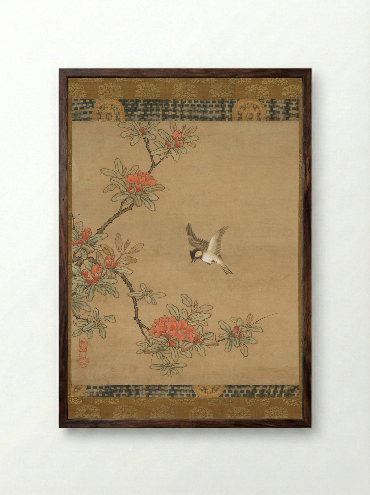 Titmouse with Pomegranate Flowers - Kano Yukinobu - Framed Print Dark Wood
