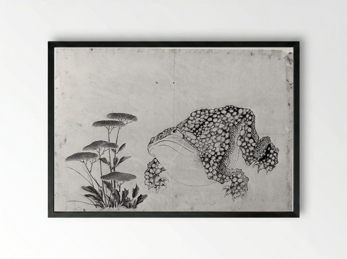 Toad and Flowers - Hokusai School - Framed Print Black