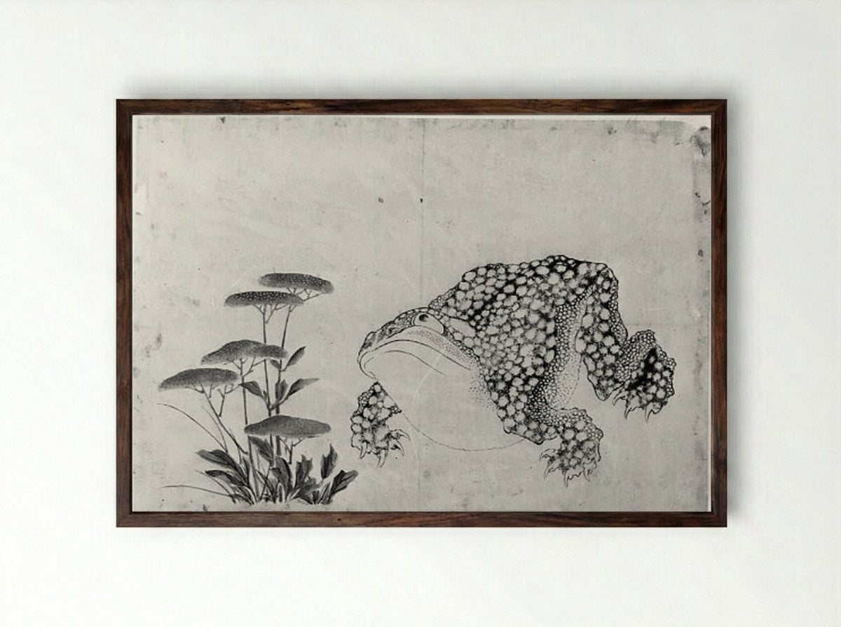 Toad and Flowers - Hokusai School - Framed Print Dark Wood