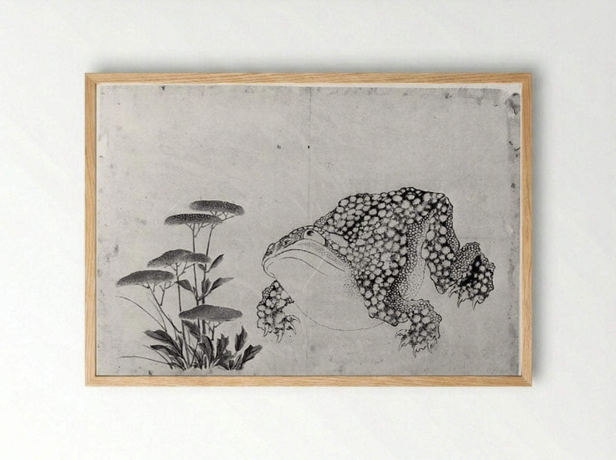 Toad and Flowers - Hokusai School - Framed Print Wood
