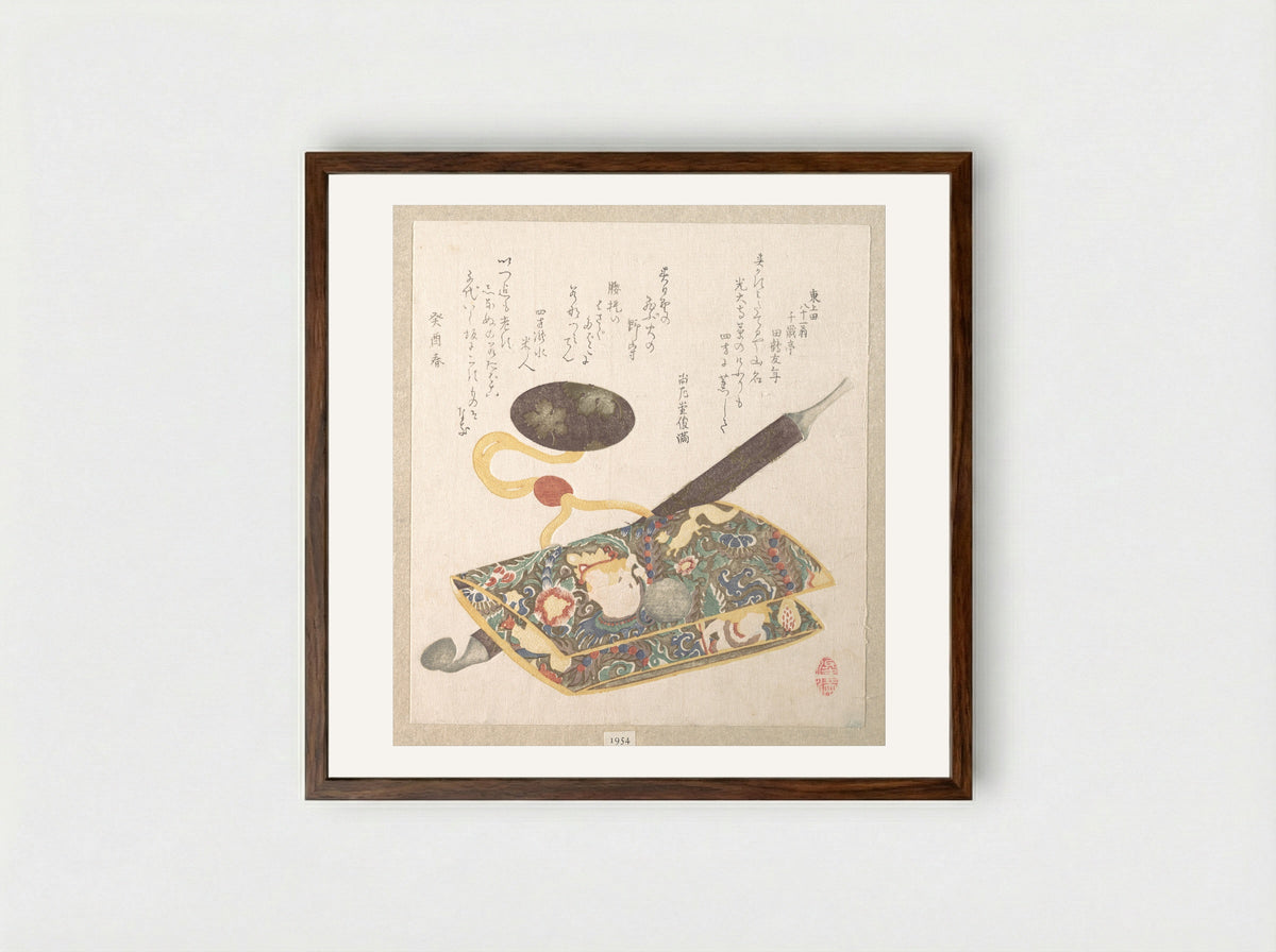 Tobacco Pouch and Pipe - Kubo Shunman - Framed Print Dark Wood