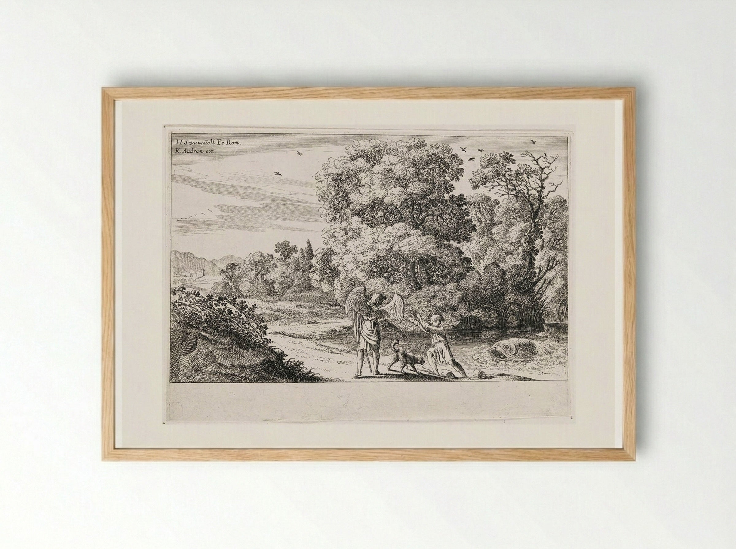 Tobias Frightened by the Fish - Herman van Swanevelt - Framed Print Wood