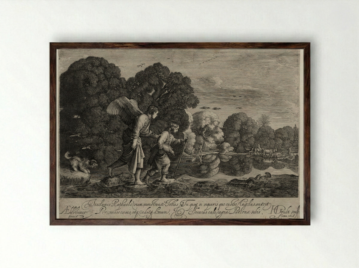 Tobias and the Angel (small plate) - Hendrik Goudt - Framed Print Dark Wood