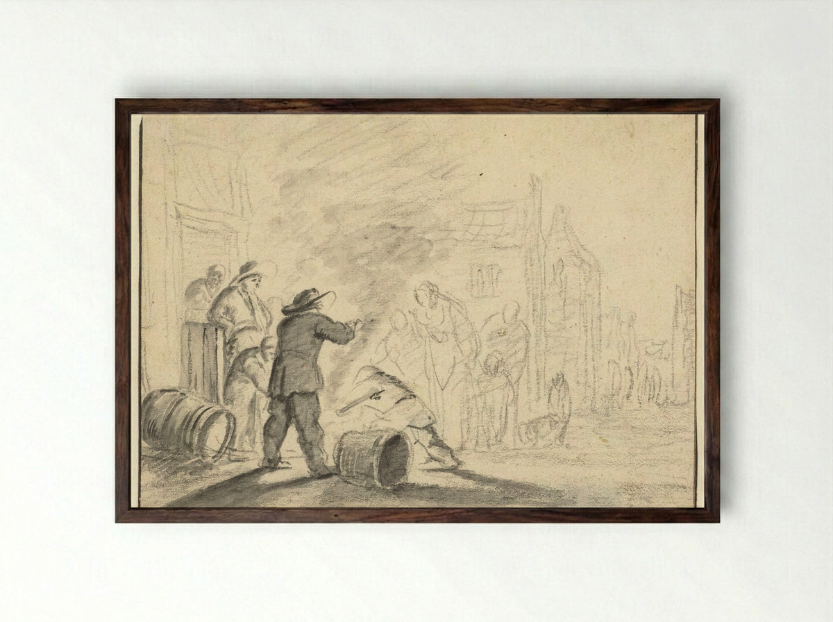 Toeschouwers rond een vuurtje op straat - Adam Louisz Colonia - Framed Print Dark Wood