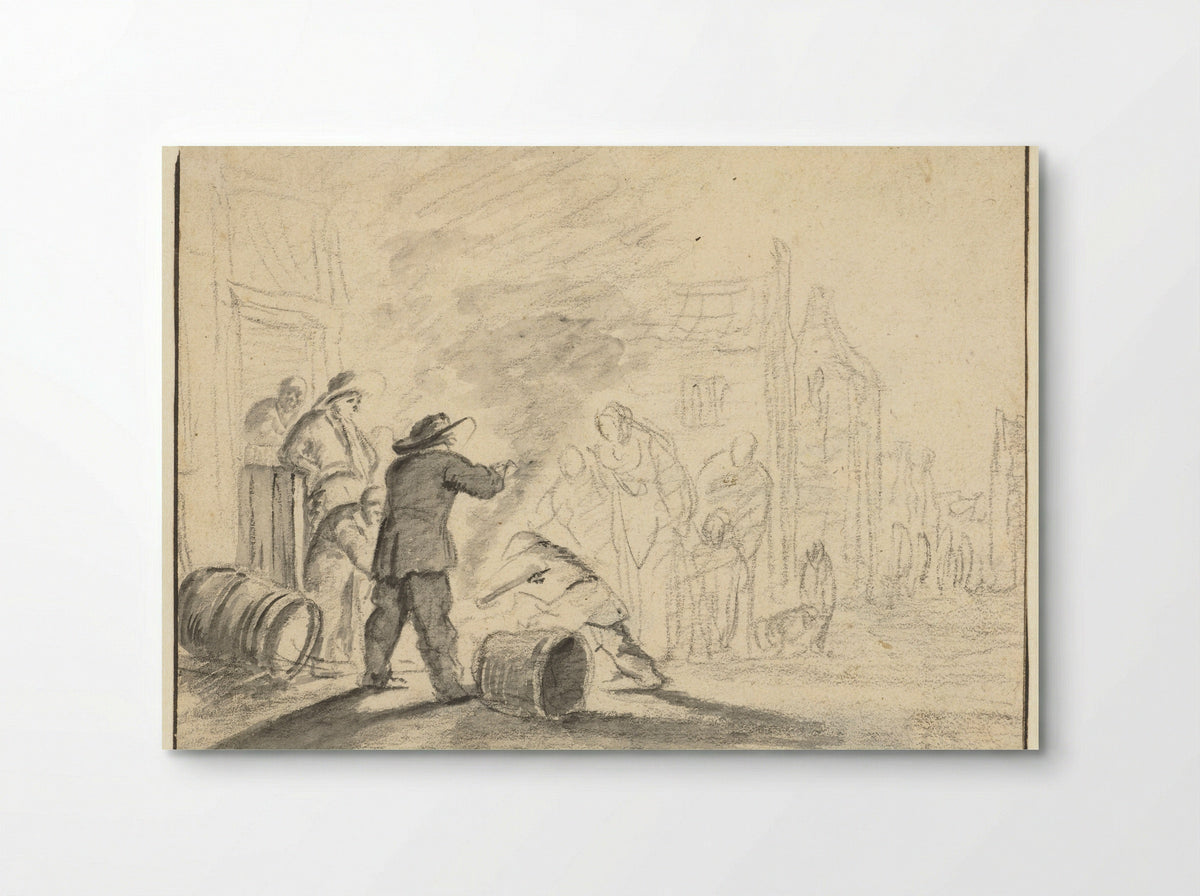 Toeschouwers rond een vuurtje op straat - Adam Louisz Colonia - Poster