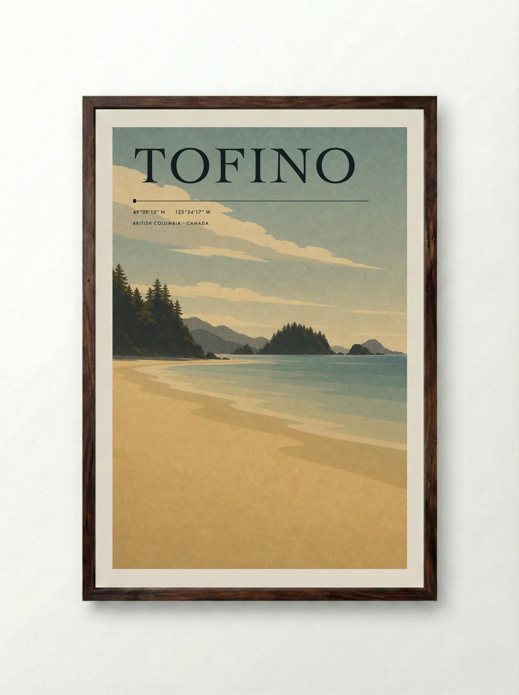 Tofino Travel Poster Artwork - Framed Print Dark Wood