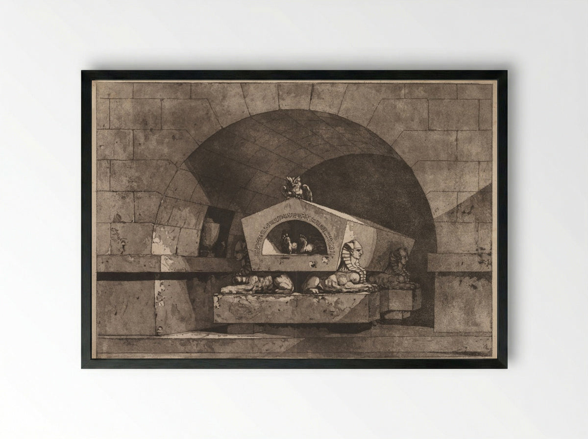 Tomb with Sphinxes and an Owl - Louis Jean Desprez - Framed Print Black
