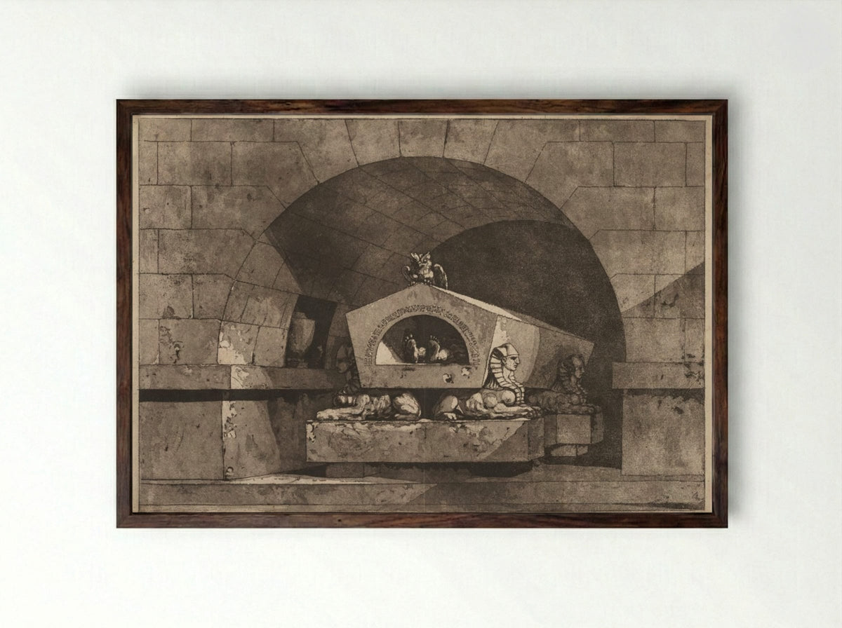 Tomb with Sphinxes and an Owl - Louis Jean Desprez - Framed Print Dark Wood