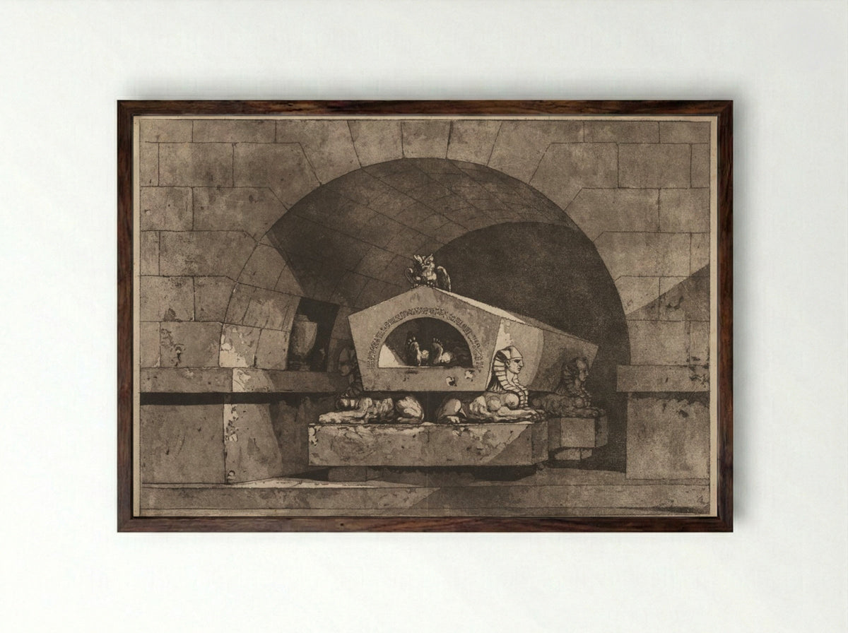 Tomb with Sphinxes and an Owl - Louis Jean Desprez - Framed Print Dark Wood