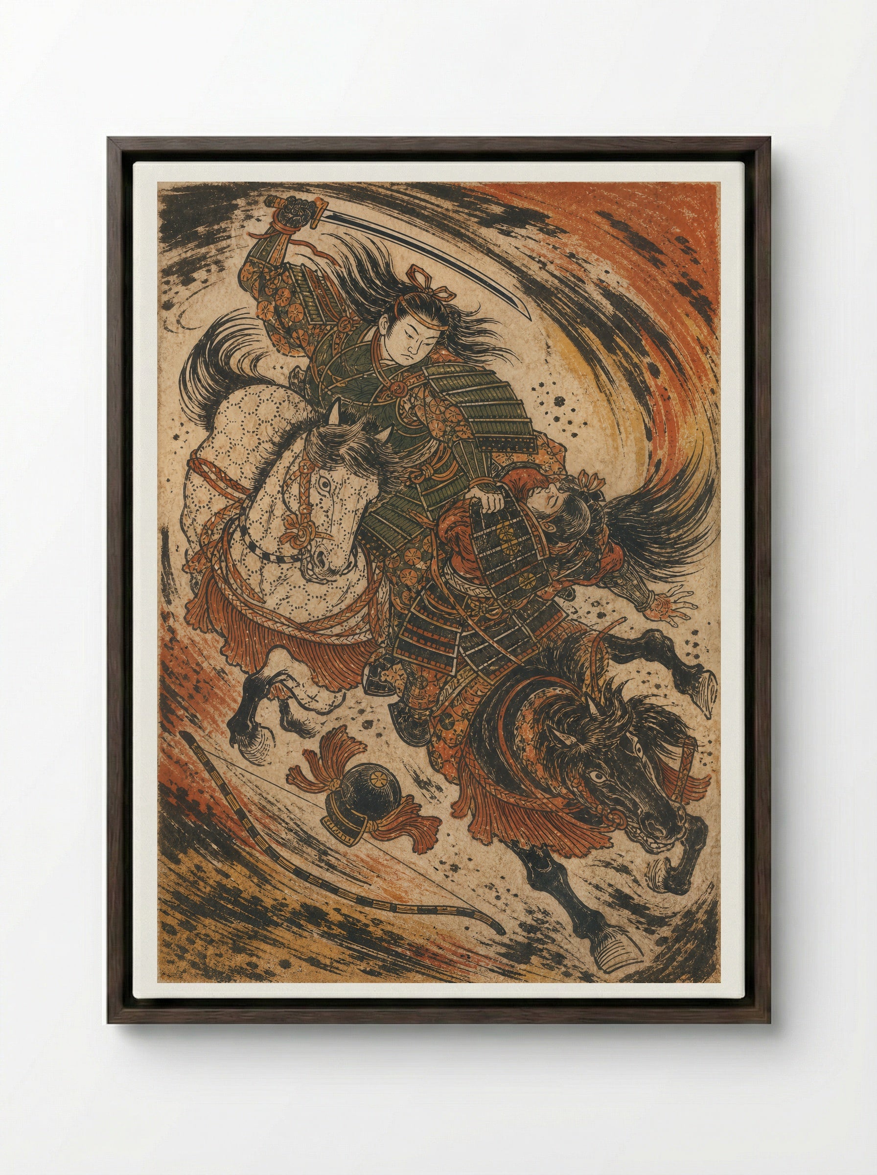 Tomoe Gozen at Awazu: The Head of Onda - Framed Canvas Dark Wood