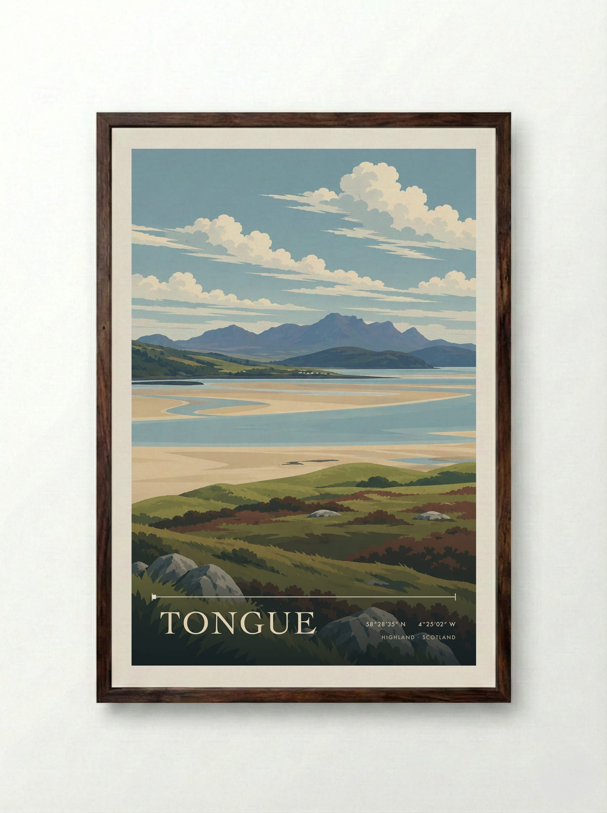 Tongue, Highland | Travel Poster - Framed Print Dark Wood