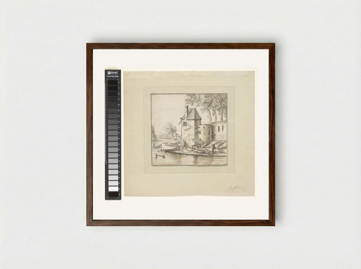 Toren bij een vestingwal - Herman Saftleven - Framed Print Dark Wood