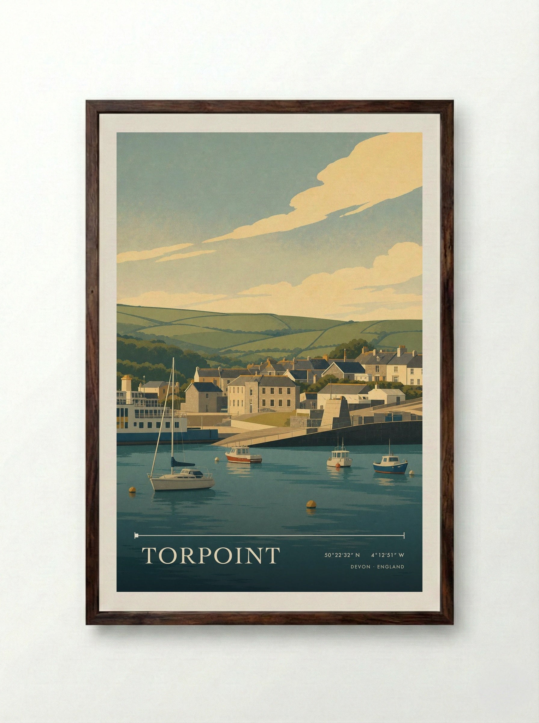 Torpoint Devon England Travel Poster - Framed Print Dark Wood
