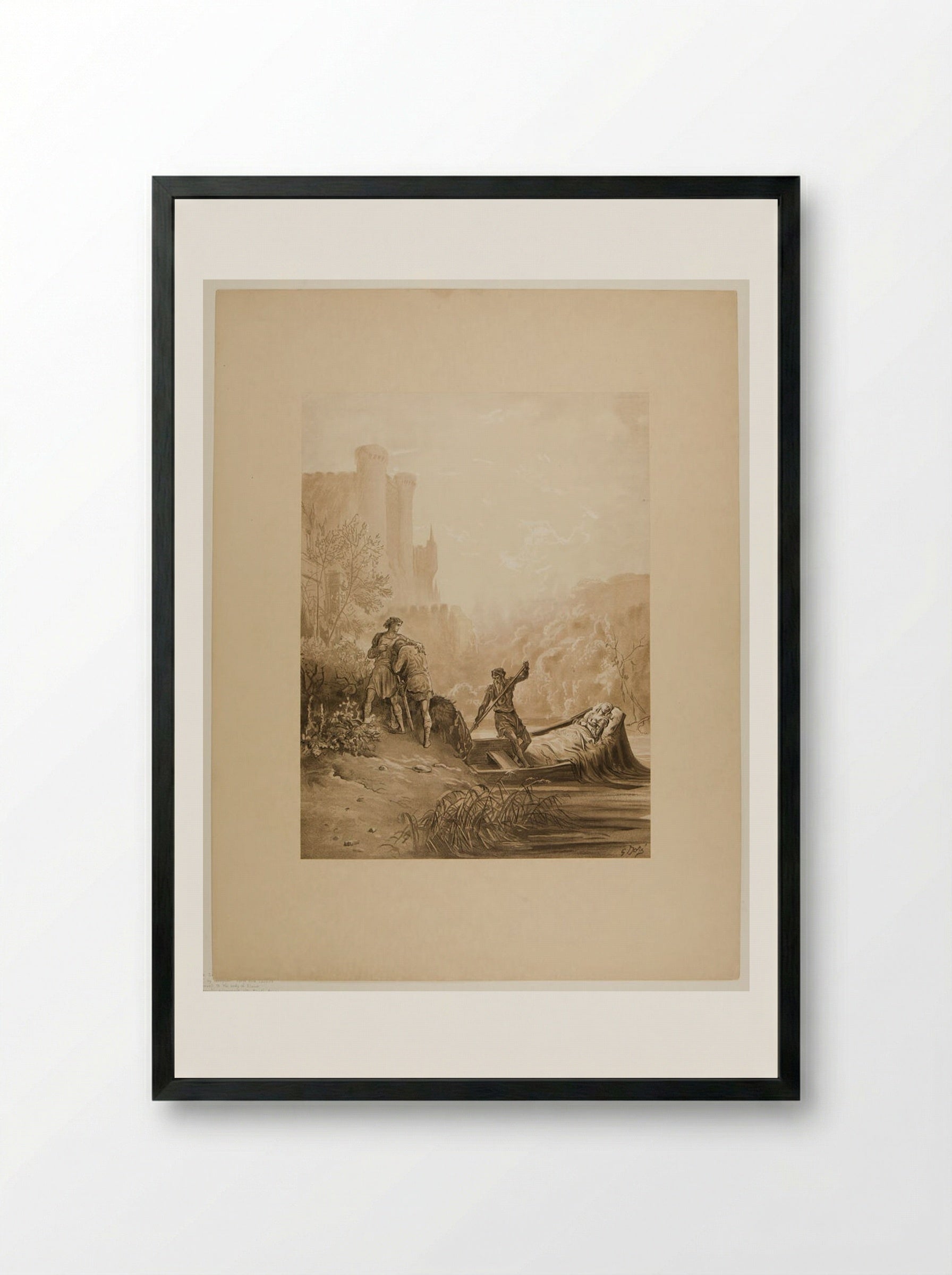 Torre and Lavaine Bid Farewell to the Body of Elaine - Gustave Doré - Framed Print Black