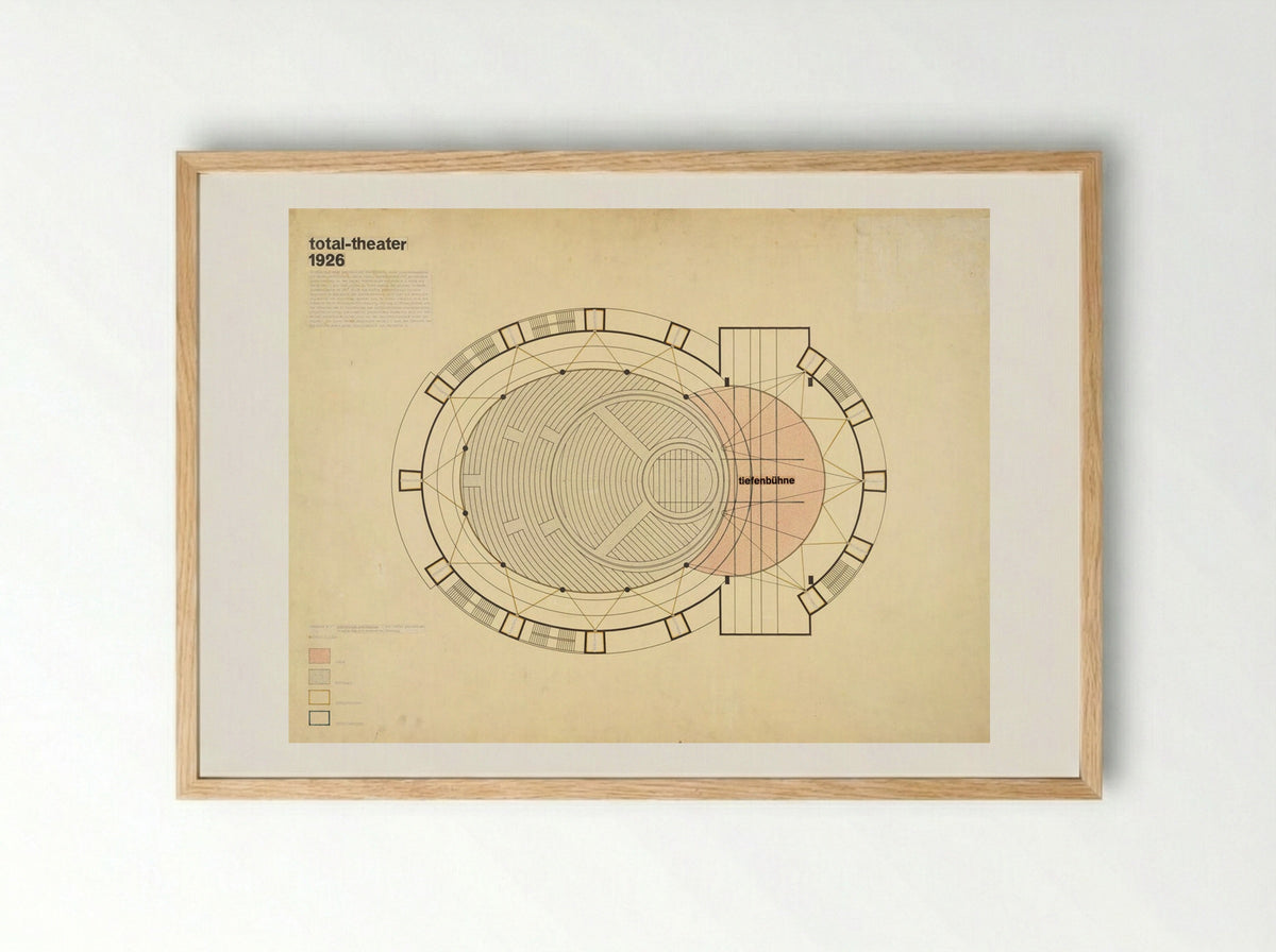 Total Theatre for Erwin Piscator: Floor Plan - Walter Gropius - Framed Print Wood