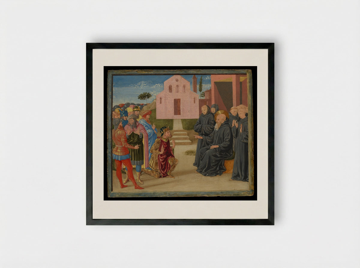 Totila before Saint Benedict - Benozzo Gozzoli - Framed Print Black