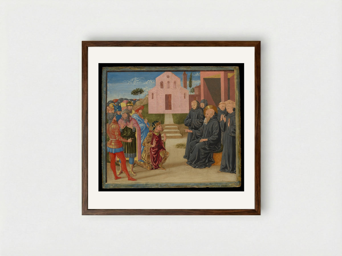 Totila before Saint Benedict - Benozzo Gozzoli - Framed Print Dark Wood