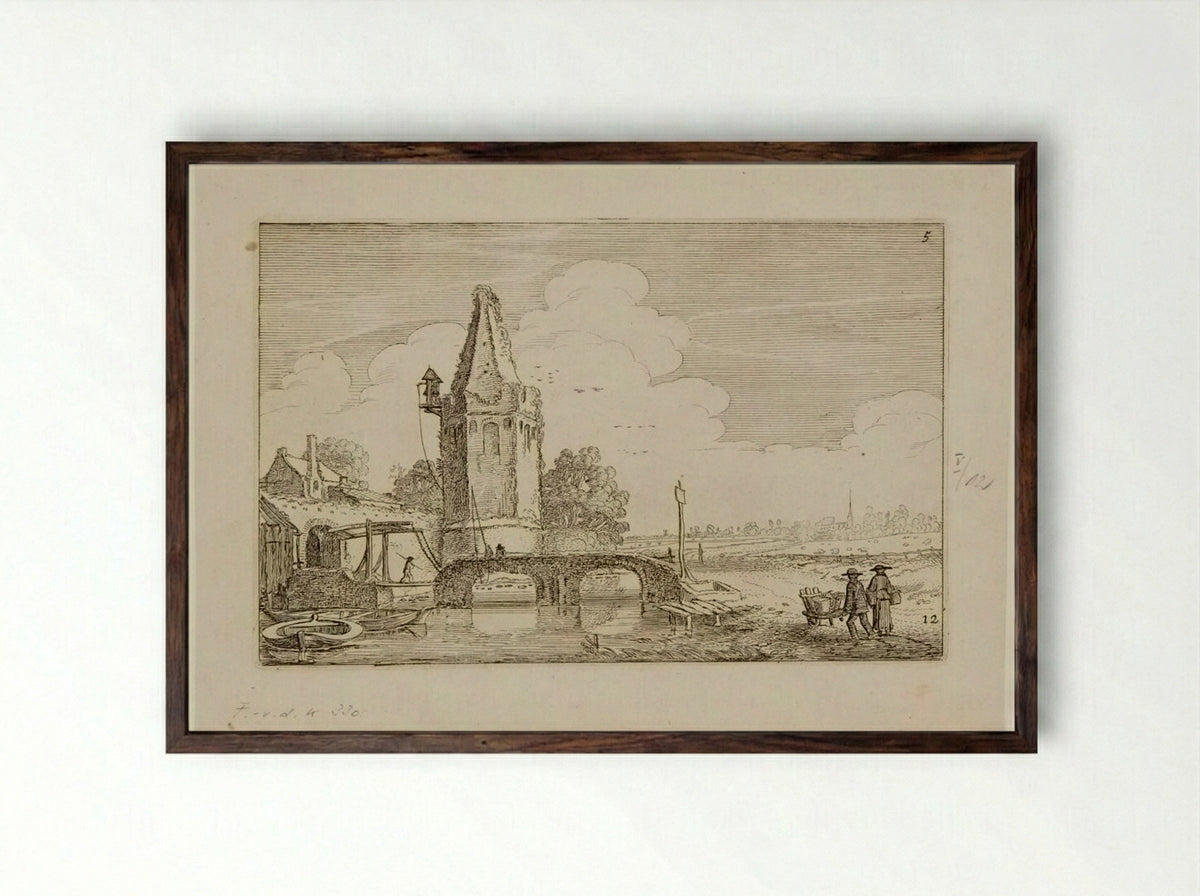 Tower on the River Niers - Jan van de Velde II - Framed Print Dark Wood