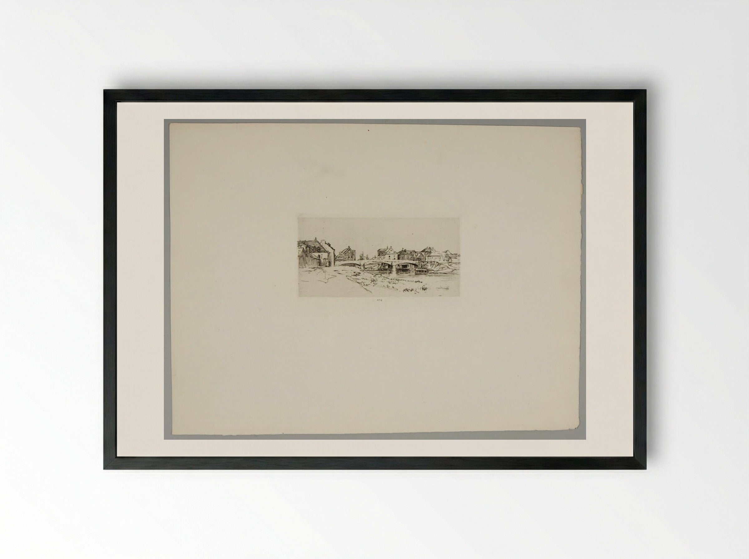 Town with a Stone Bridge over a River - Charles-Émile Jacque - Framed Print Black