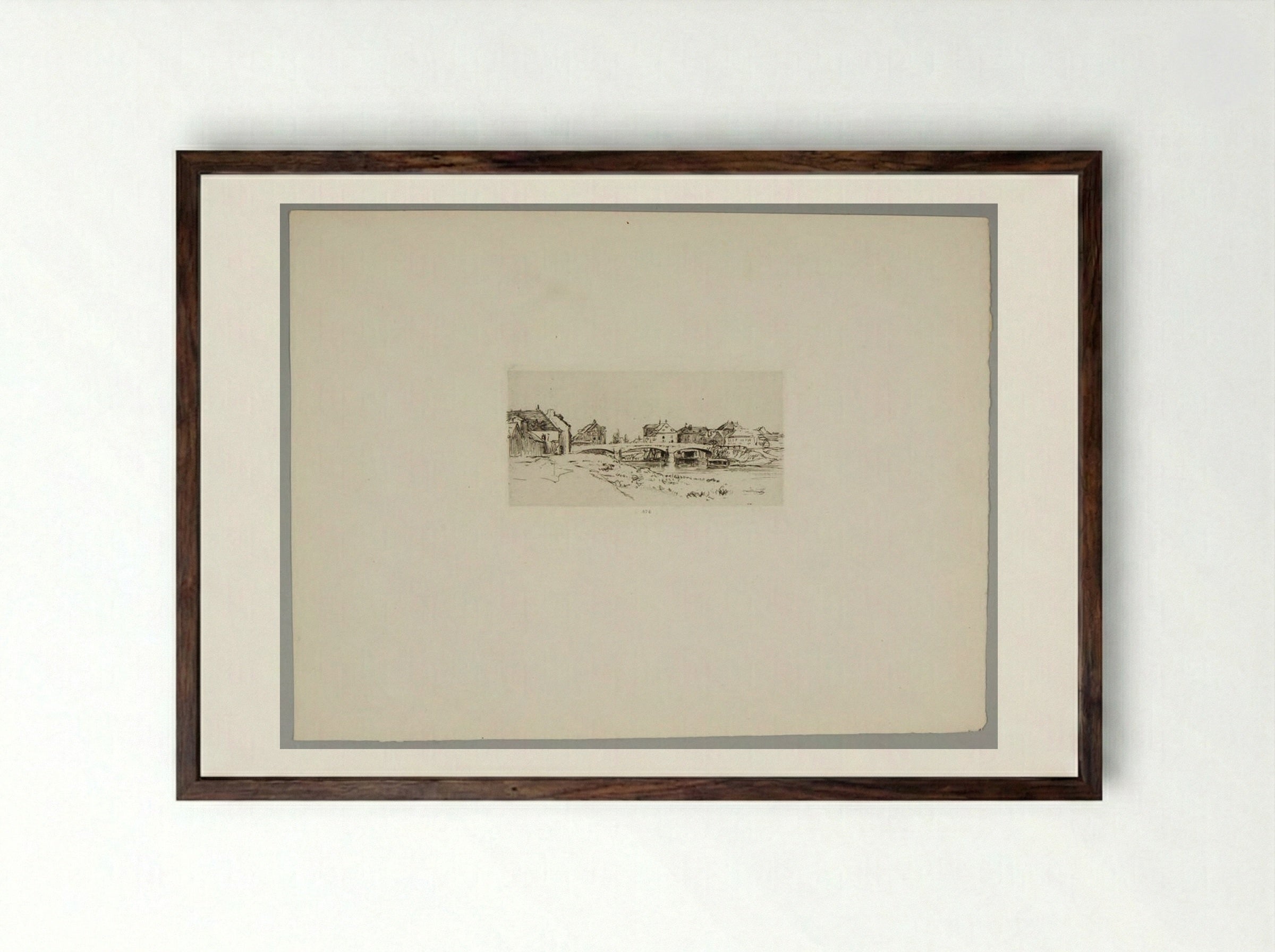 Town with a Stone Bridge over a River - Charles-Émile Jacque - Framed Print Dark Wood