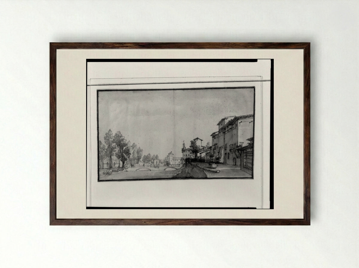Townscape Near a River - Remigio Cantagallina - Framed Print Dark Wood