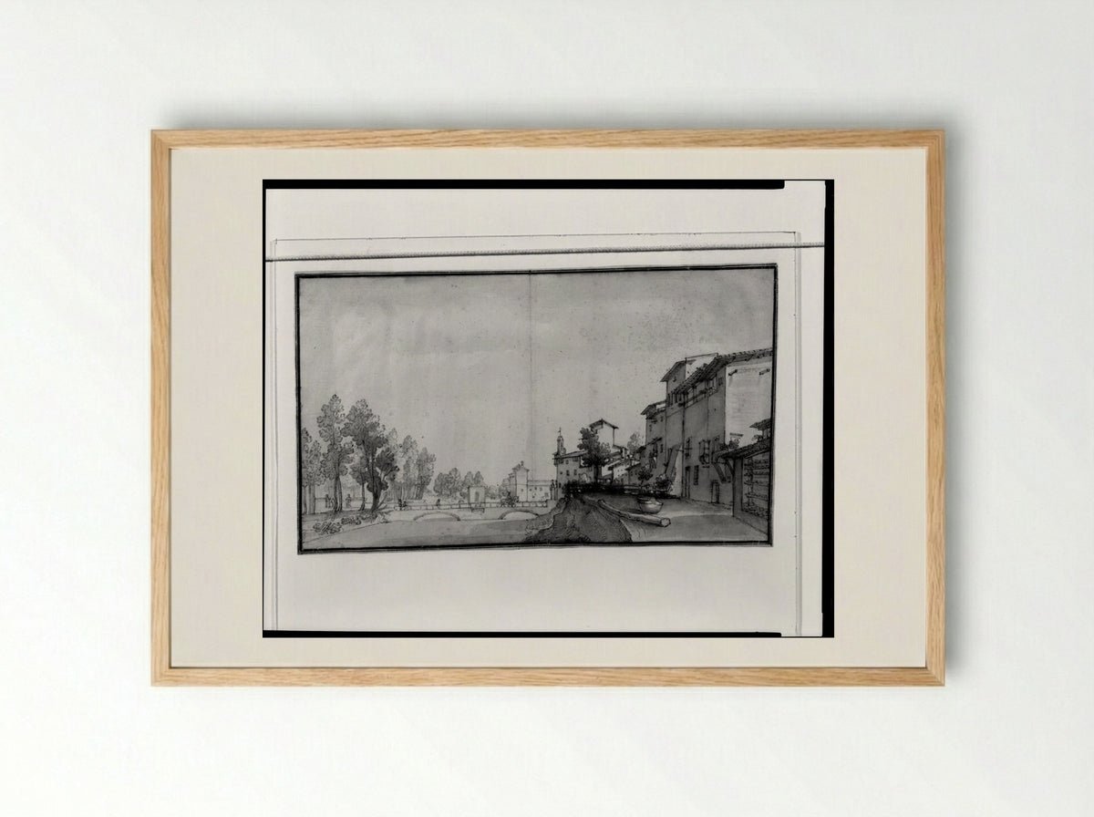 Townscape Near a River - Remigio Cantagallina - Framed Print Wood