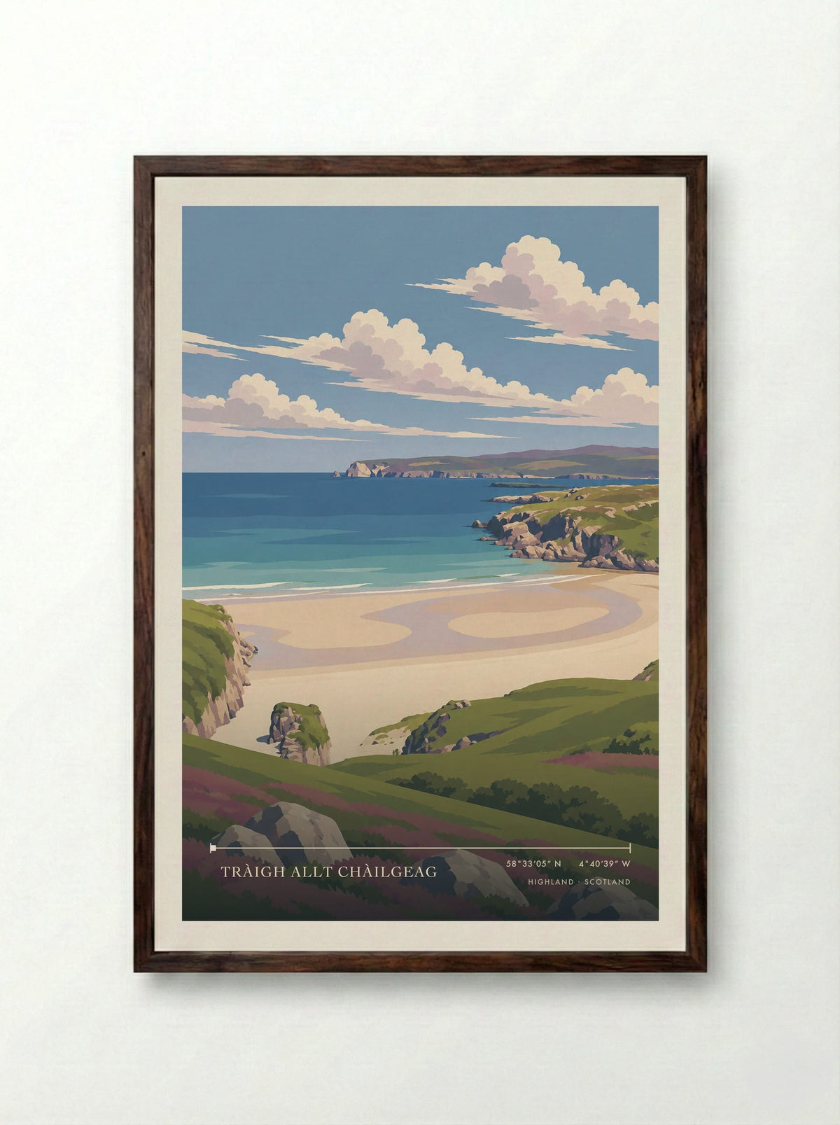 Tràigh Allt Chàilgeag, Highland | Travel Poster - Framed Print Dark Wood