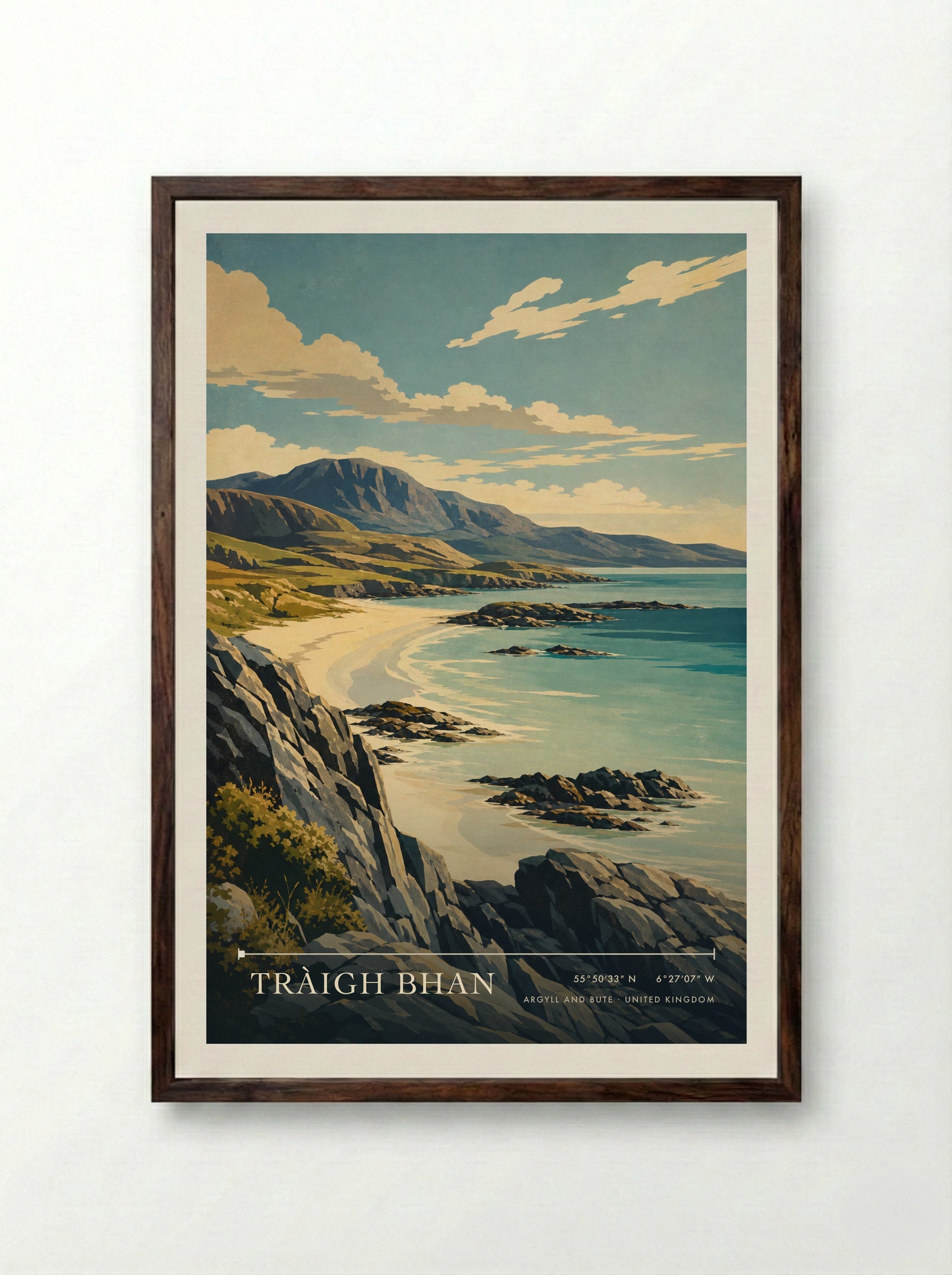 Tràigh Bhan Argyll and Bute United Kingdom Travel Poster - Framed Print Dark Wood