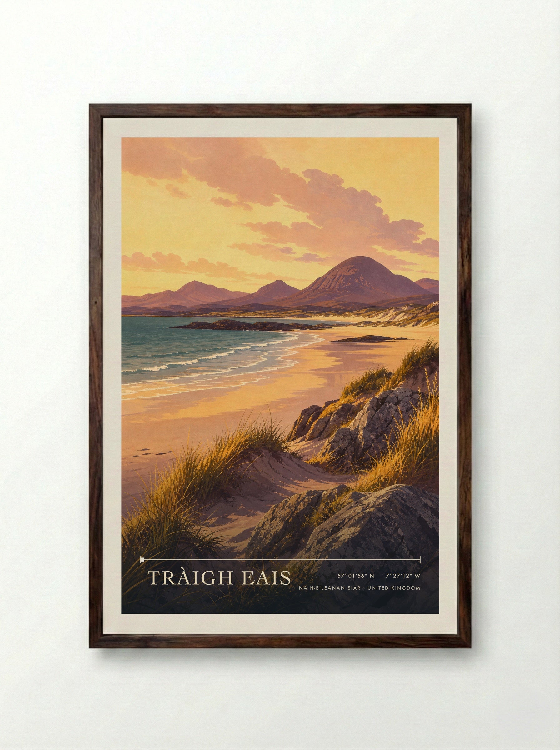 Tràigh Eais Na h-Eileanan Siar United Kingdom Travel Poster - Framed Print Dark Wood