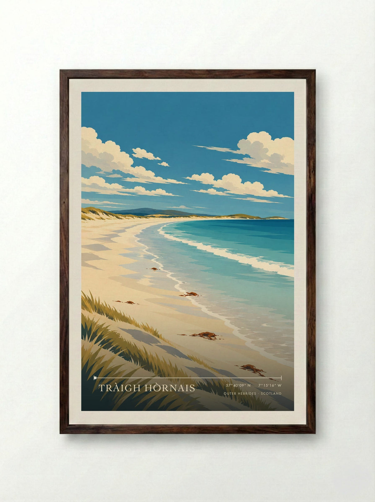 Tràigh Hòrnais, Outer Hebrides | Travel Poster - Framed Print Dark Wood