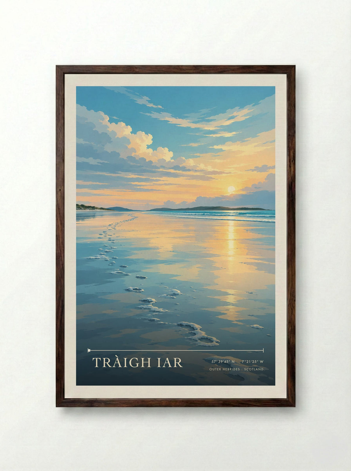 Tràigh Iar, Outer Hebrides | Travel Poster - Framed Print Dark Wood
