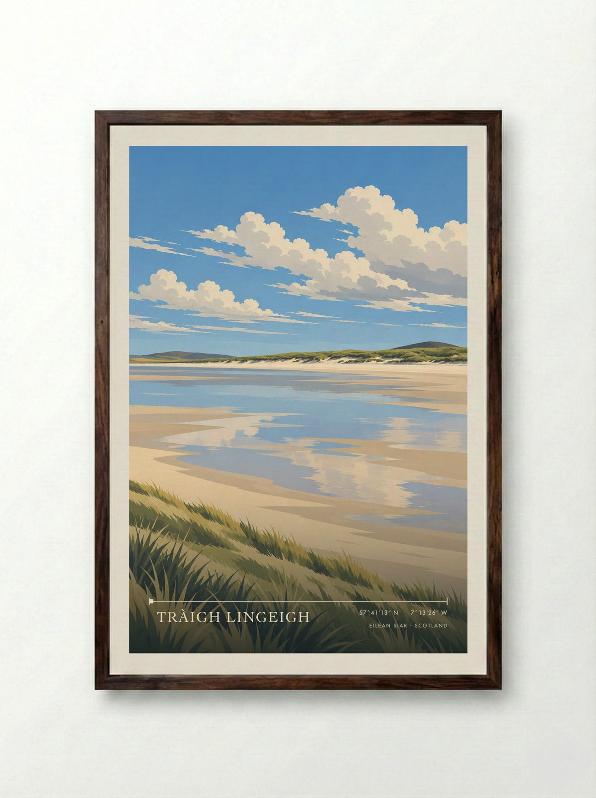 Tràigh Lingeigh, Eilean Siar | Travel Poster - Framed Print Dark Wood