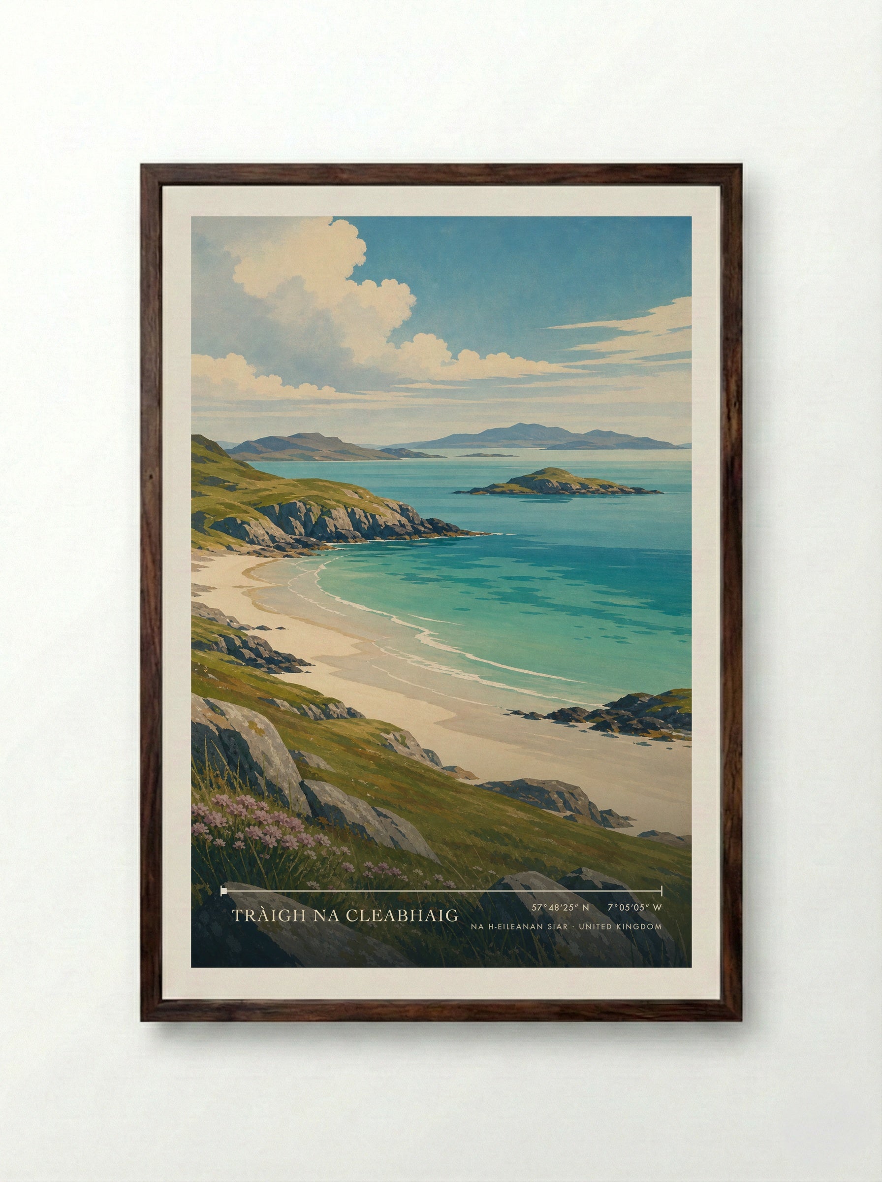 Tràigh Na Cleabhaig Na h-Eileanan Siar United Kingdom Travel Poster - Framed Print Dark Wood