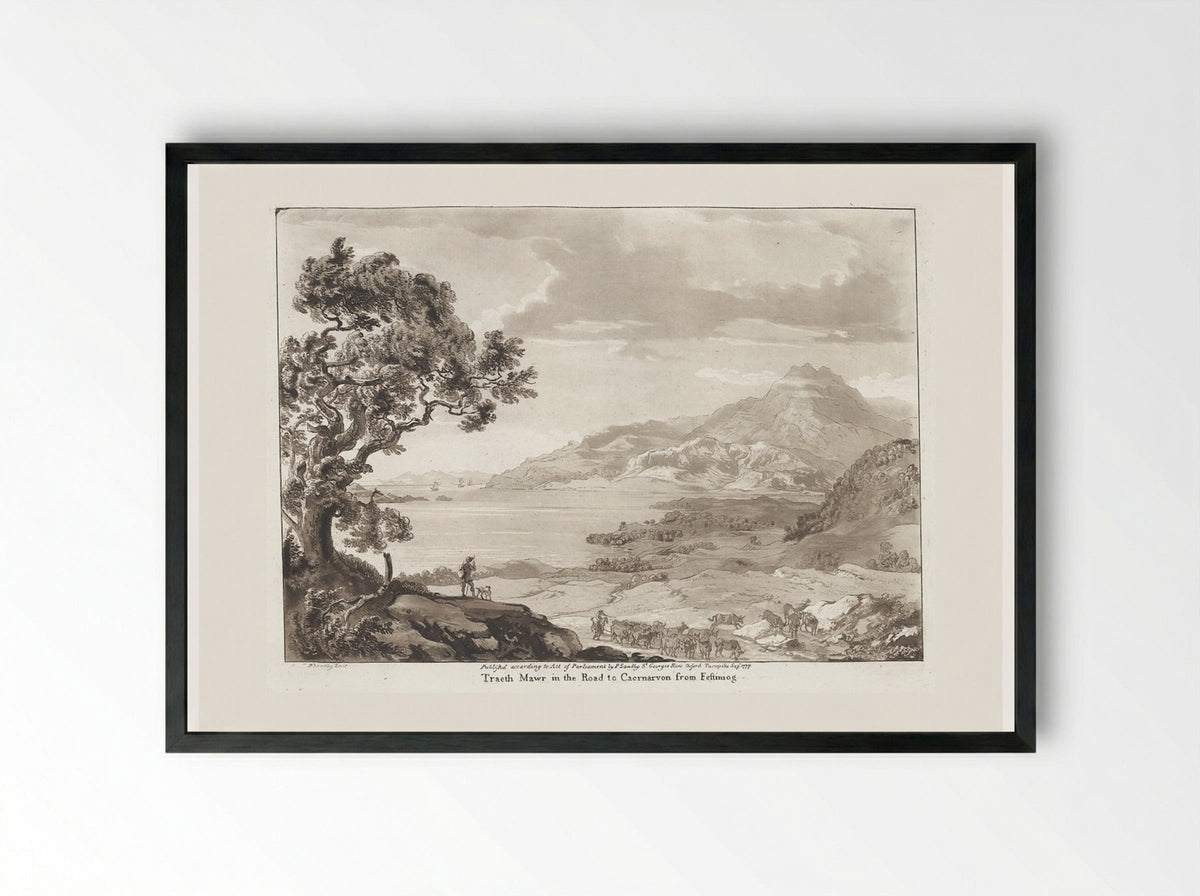 Traeth Mawr in the Road to Caernarvon from Festiniog - Paul Sandby - Framed Print Black