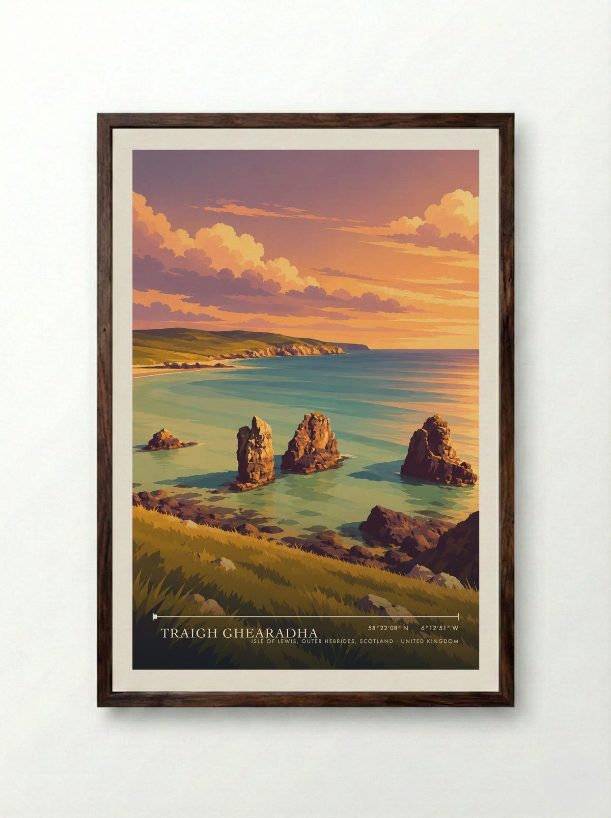 Traigh Ghearadha, Isle of Lewis, Outer Hebrides, Scotland | Travel Poster - Framed Print Dark Wood