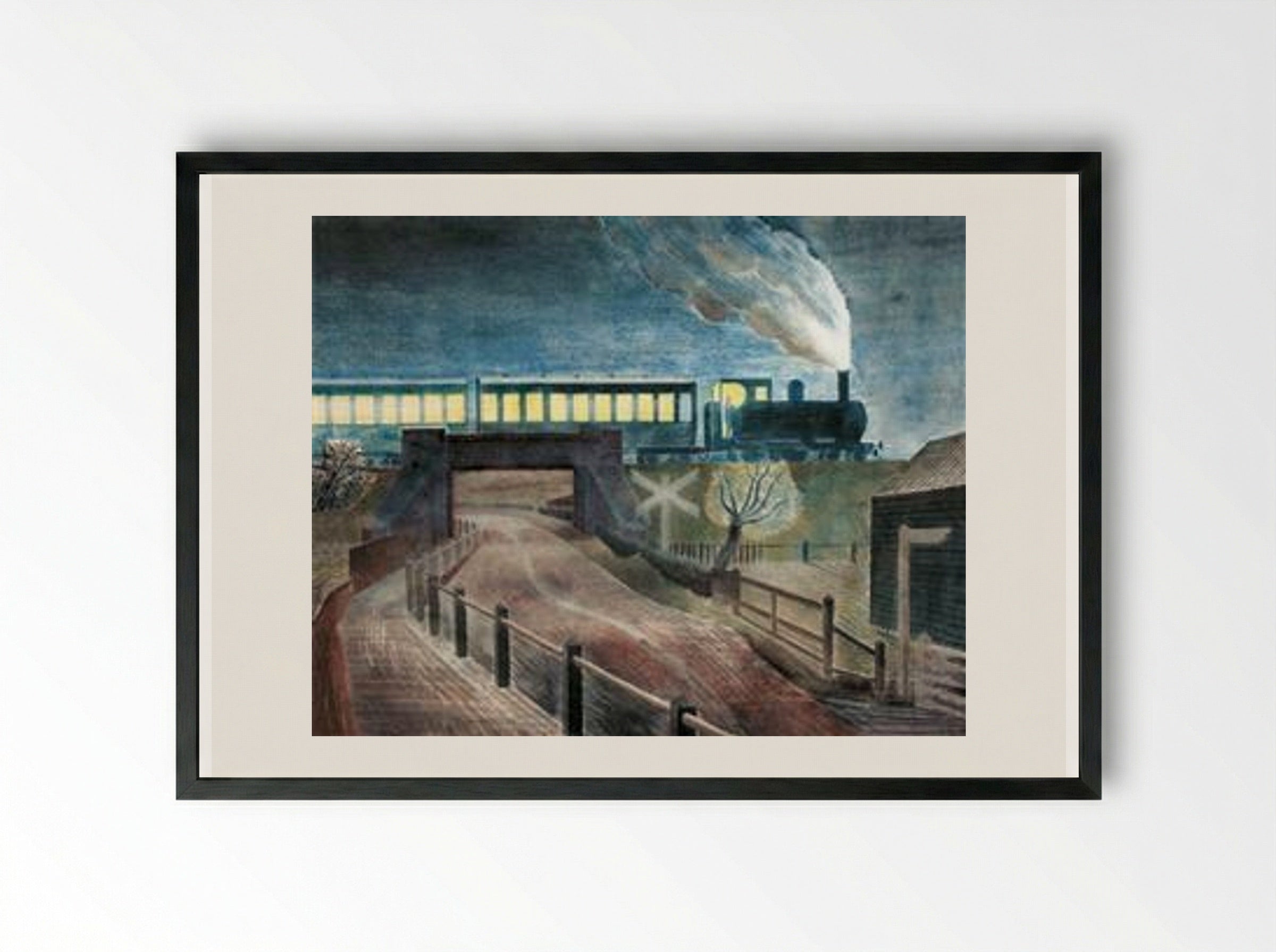 Train Going over a Bridge at Night - Eric Ravilious - Framed Print Black
