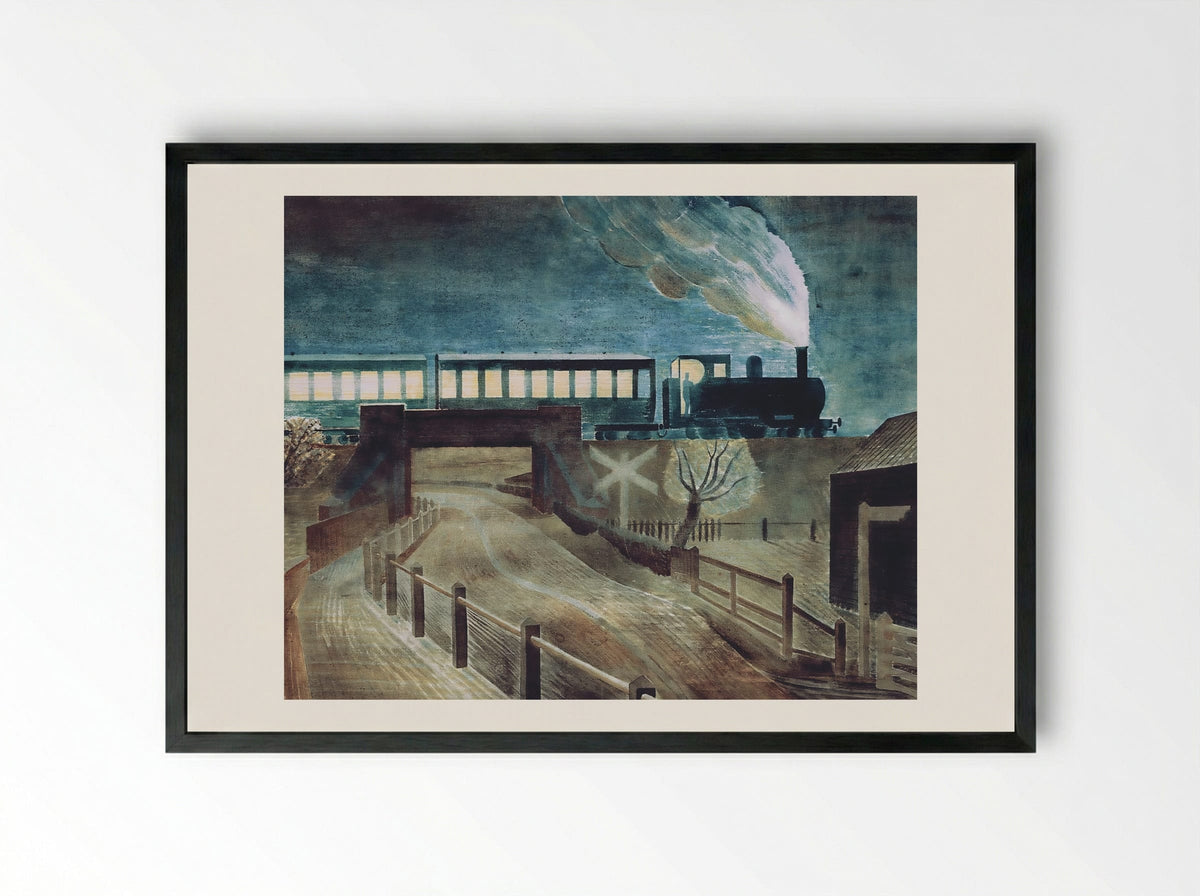 Train Going over a Bridge at Night - Eric Ravilious - Framed Print Black