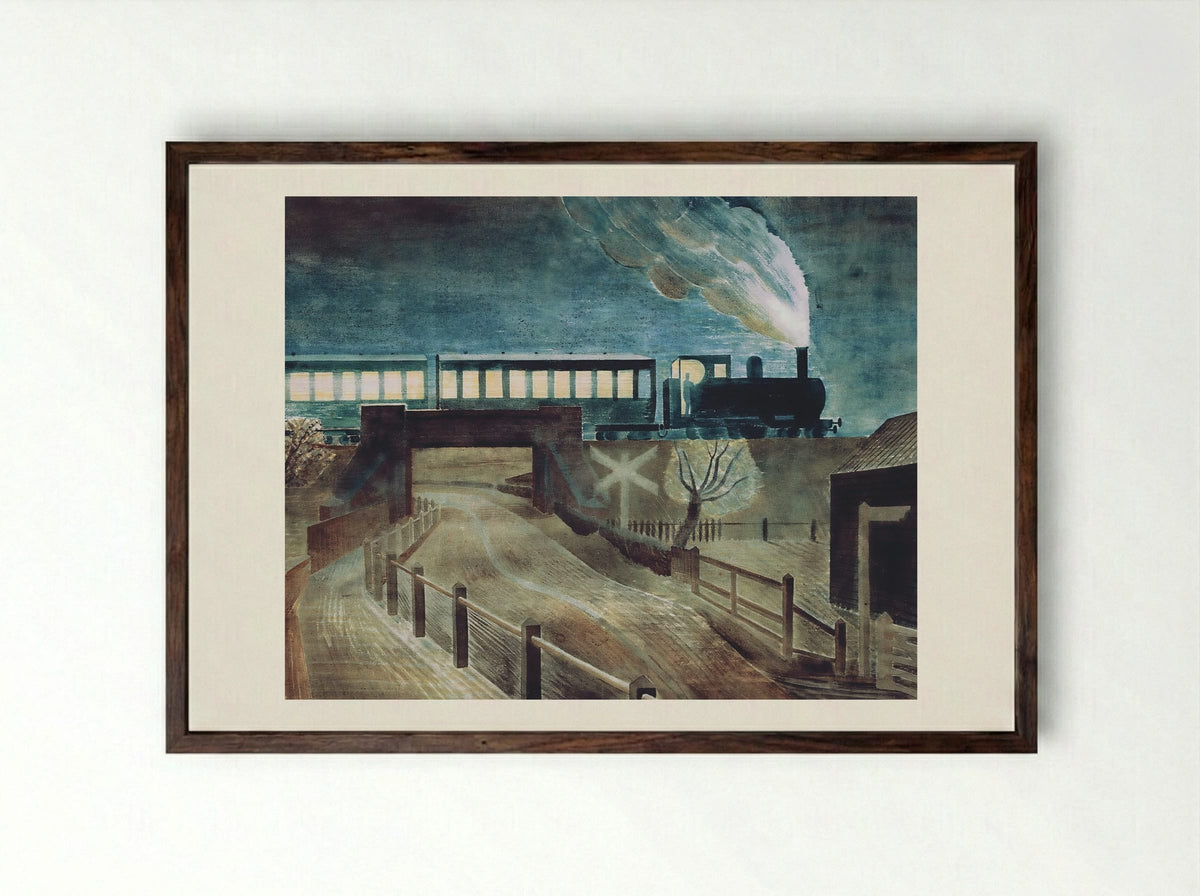 Train Going over a Bridge at Night - Eric Ravilious - Framed Print Dark Wood