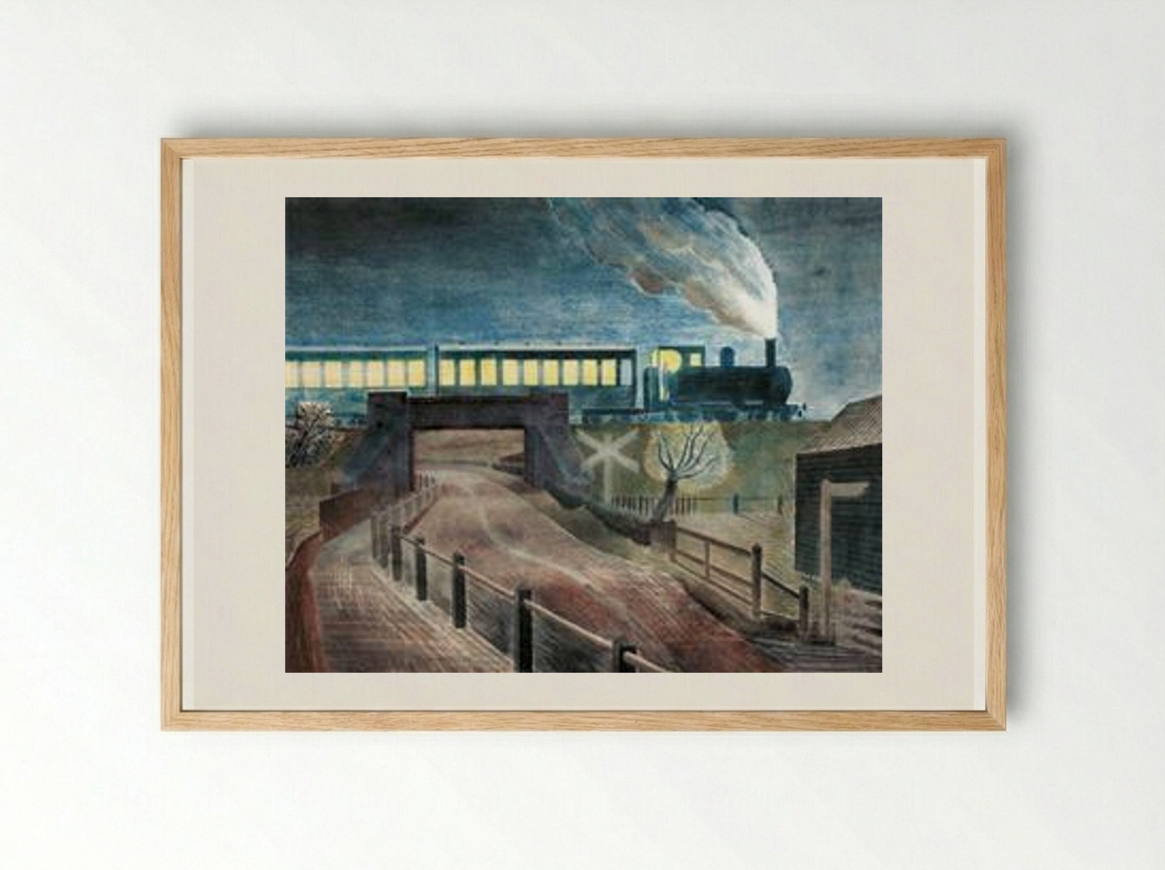 Train Going over a Bridge at Night - Eric Ravilious - Framed Print Wood