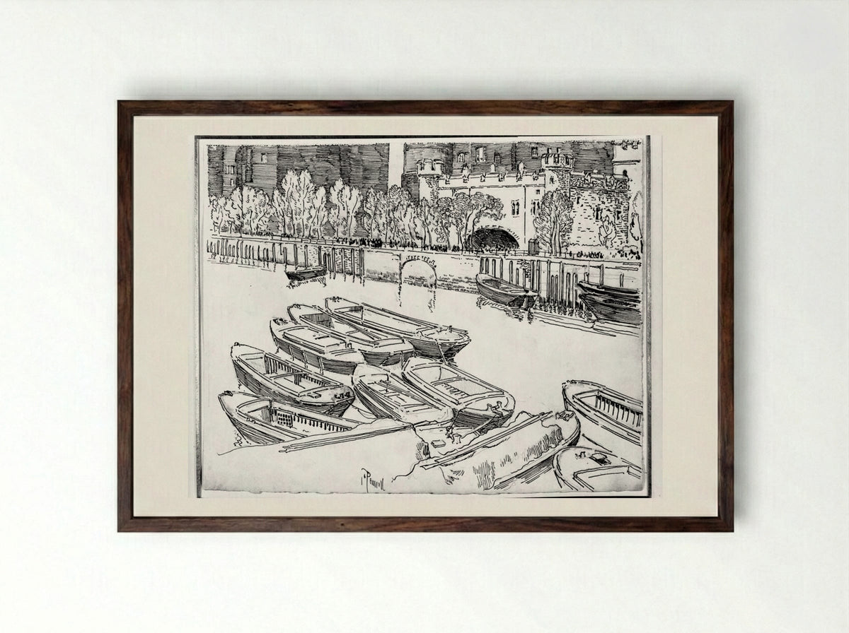 Traitors Gate from the River - Joseph Pennell - Framed Print Dark Wood
