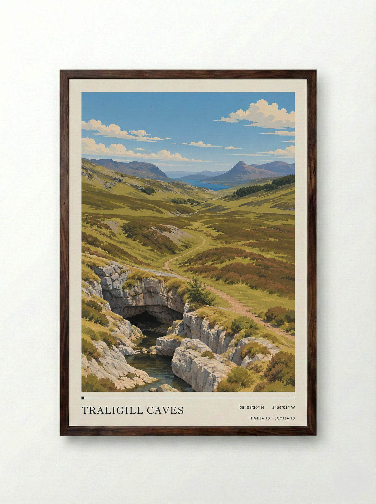 Traligill Caves, Highland | Travel Poster - Framed Print Dark Wood