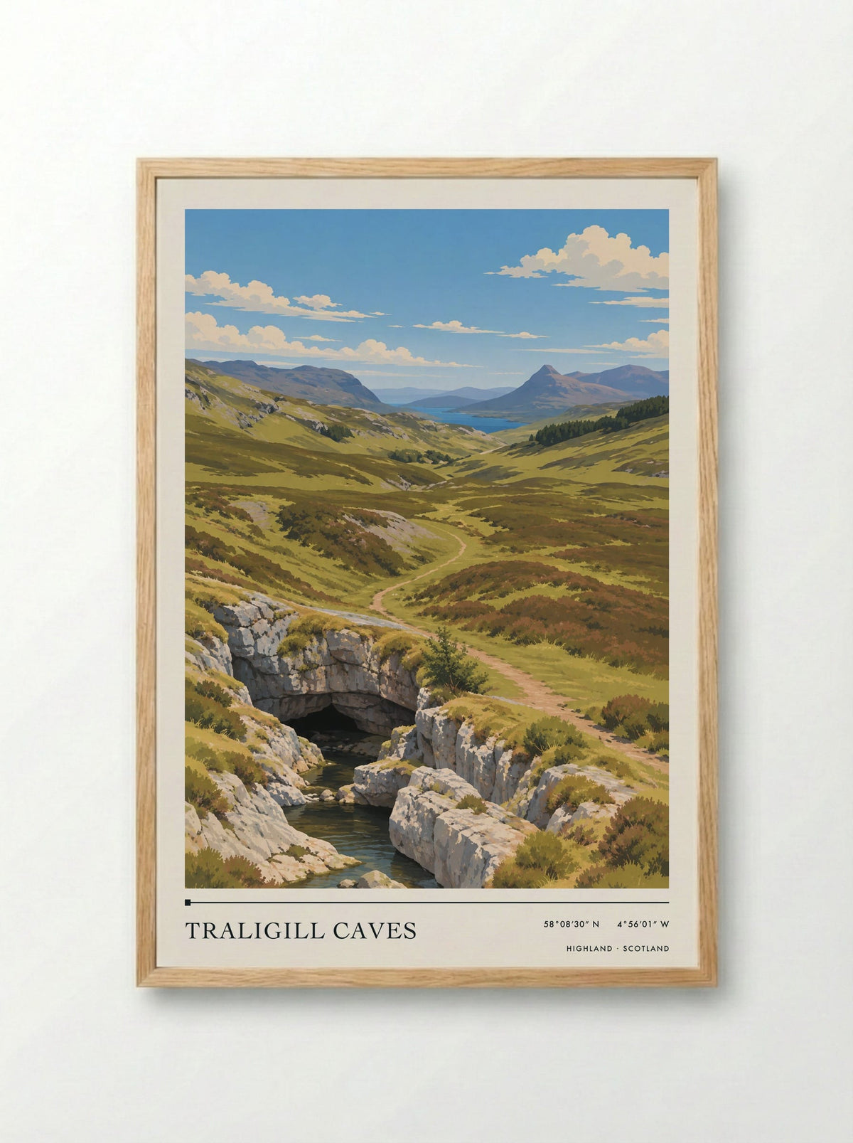 Traligill Caves, Highland | Travel Poster - Framed Print Wood