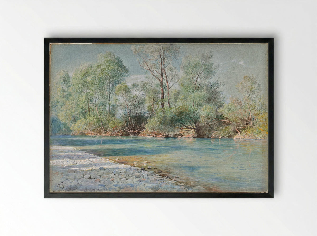 Traunstein River on the Road to Empfig, Bavaria - William Stanley Haseltine - Framed Print Black