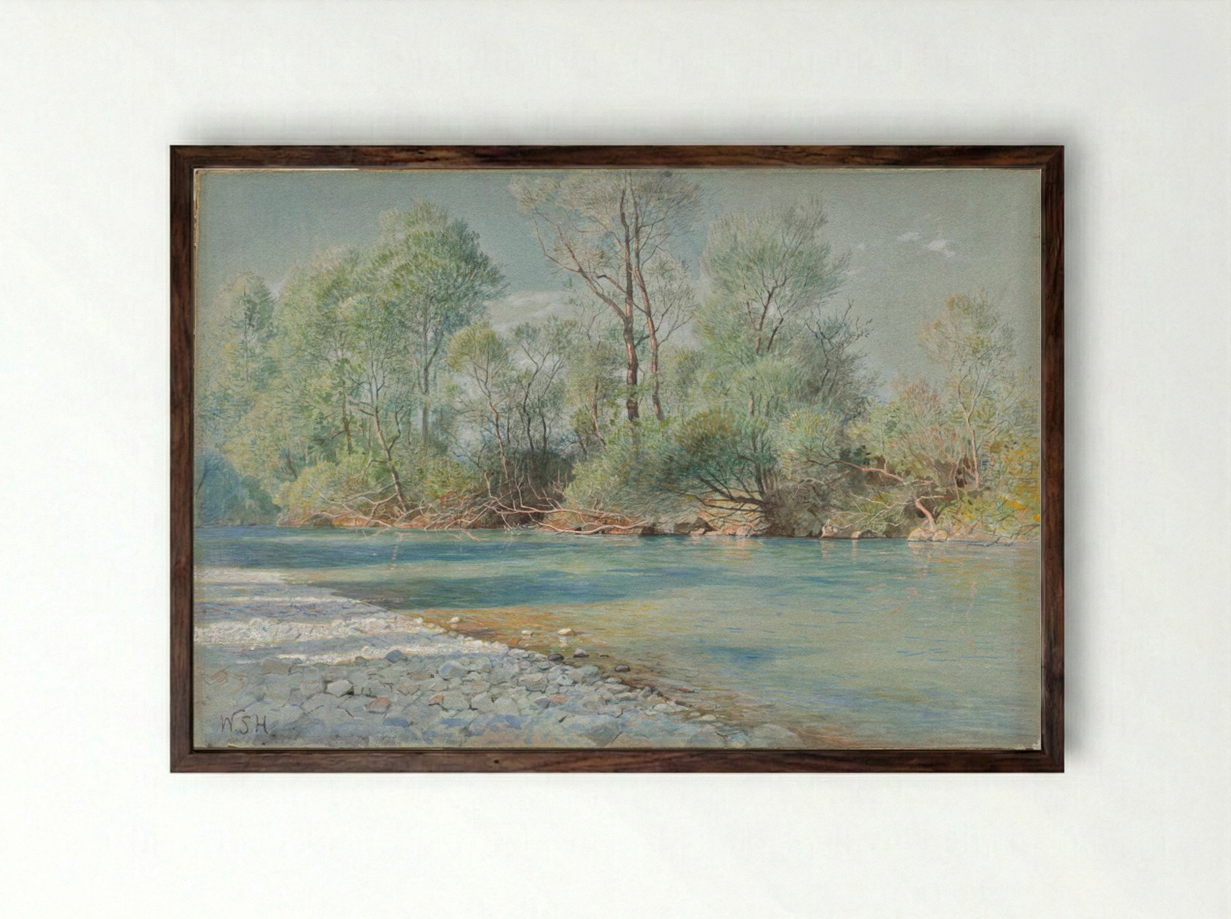 Traunstein River on the Road to Empfig, Bavaria - William Stanley Haseltine - Framed Print Dark Wood