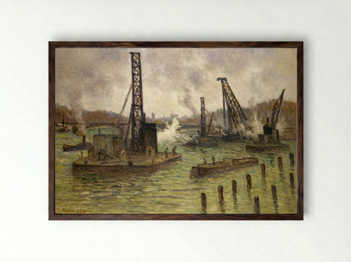 Travaux Sur La Seine, Au Pont Des Saints-Pères - Maximilien Luce - Framed Print Dark Wood