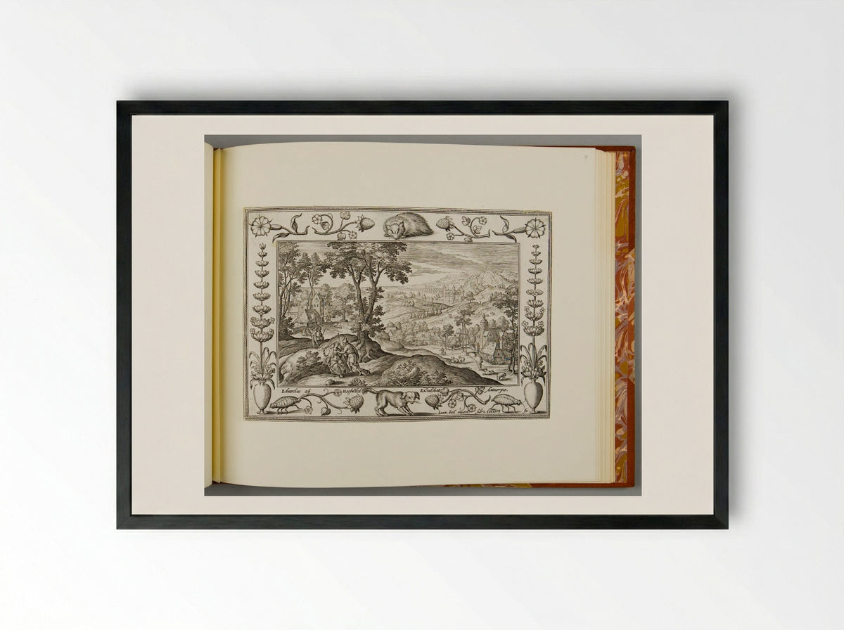 Traveler with Cap and Staff Encounters a Woman, with Badger and Dog - Adriaen Collaert - Framed Print Black
